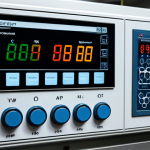 "A modern refrigeration system control panel in a clean, well-lit environment. The panel features digital displays showing temperature and pressure readings, along with clearly labeled buttons and switches. Wires and connections are neatly organized. Focus on conveying efficiency and precision. fully clothed, appropriate content, safe for work, professional, perfect anatomy, natural proportions, high quality"