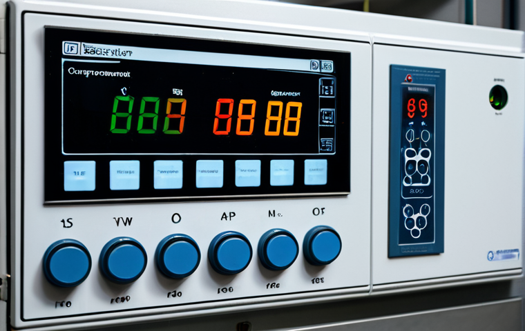 "A modern refrigeration system control panel in a clean, well-lit environment. The panel features digital displays showing temperature and pressure readings, along with clearly labeled buttons and switches. Wires and connections are neatly organized. Focus on conveying efficiency and precision. fully clothed, appropriate content, safe for work, professional, perfect anatomy, natural proportions, high quality"