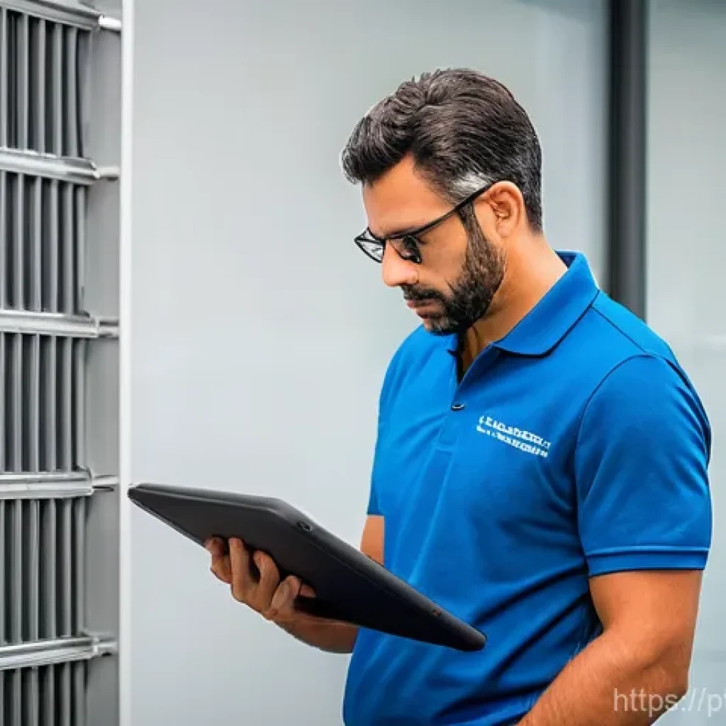 공조냉동기계기사의 자격증 활용 방안 - **Prompt:** A Portuguese HVAC technician, mid-30s, confidently inspecting a modern, energy-efficient...