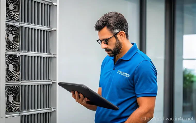 공조냉동기계기사의 자격증 활용 방안 - **Prompt:** A Portuguese HVAC technician, mid-30s, confidently inspecting a modern, energy-efficient...