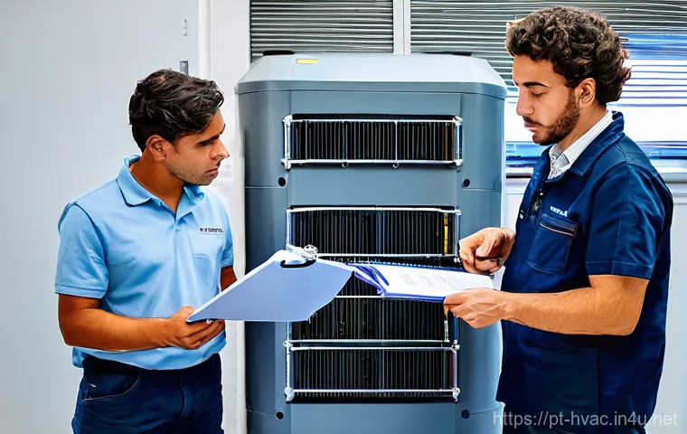 공조냉동기계기사의 자격증 활용 방안 - **Prompt:** A Portuguese HVAC technician, mid-30s, confidently inspecting a modern, energy-efficient...