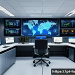 Home 17 공조냉동기계 실무에서의 설비 진단 기술 - A high-tech commercial HVAC system control room showcasing a large digital dashboard with real-time ...