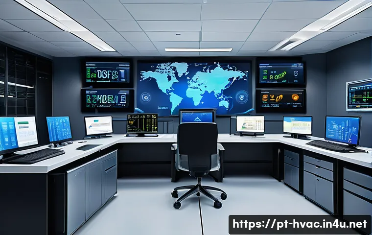 공조냉동기계 실무에서의 설비 진단 기술 - A high-tech commercial HVAC system control room showcasing a large digital dashboard with real-time ...