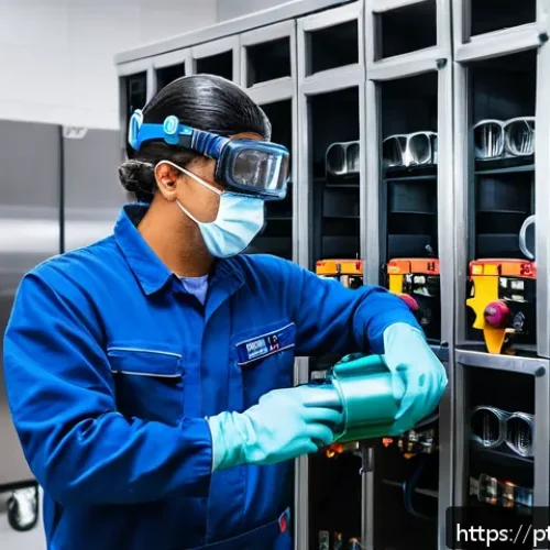 Home 32 공조냉동기계 기술자와 공조냉동기술사의 차이 - A skilled refrigeration technician wearing a clean, professional uniform with protective gloves and ...