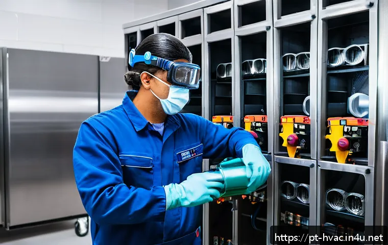 공조냉동기계 기술자와 공조냉동기술사의 차이 - A skilled refrigeration technician wearing a clean, professional uniform with protective gloves and ...