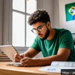 Home 18 공조냉동기계기사 시험 공부 스케줄 - A focused Brazilian student studying at a modern desk filled with technical books and digital device...