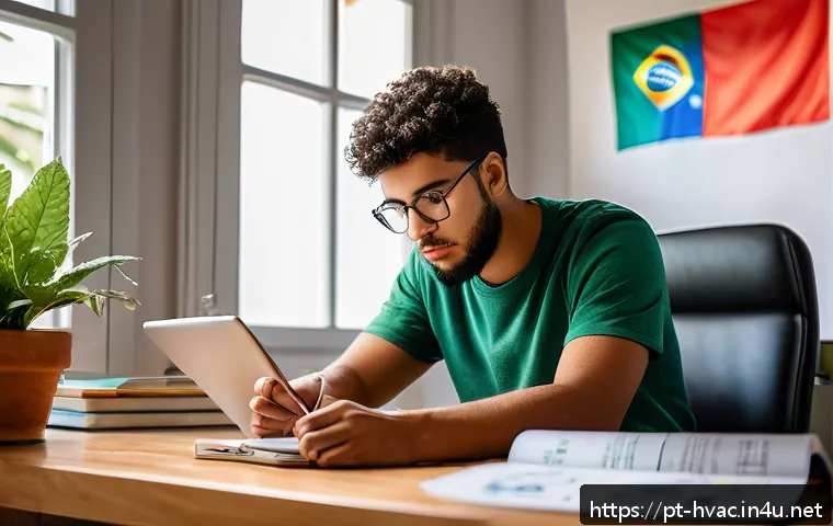 공조냉동기계기사 시험 공부 스케줄 - A focused Brazilian student studying at a modern desk filled with technical books and digital device...