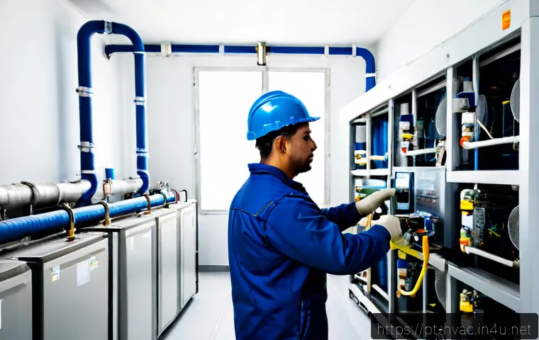 Home 17 공조냉동기계 시스템의 효율 향상 방법 - Photorealistic commercial refrigeration plant room in Brazil, a skilled HVAC technician in clean saf...