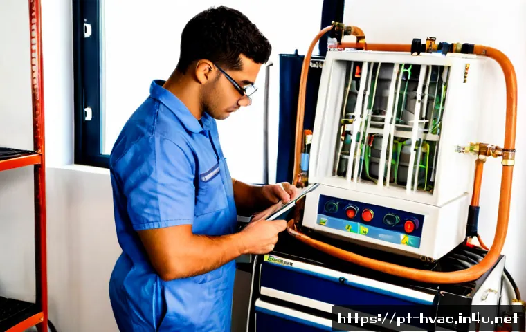 Home 17 공조냉동기계기사 실기시험 준비 팁 - Photorealistic vocational exam preparation scene in Portugal, focused adult trainee wearing clean wo...